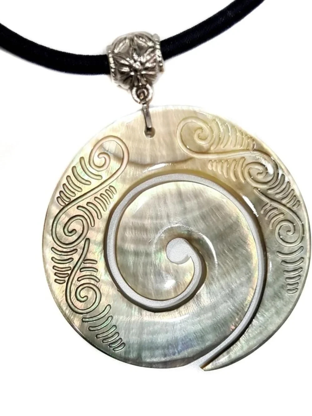 Handcrafted Mother of Pearl Necklace, Ethnic Design Koru Pendant, Adjustable